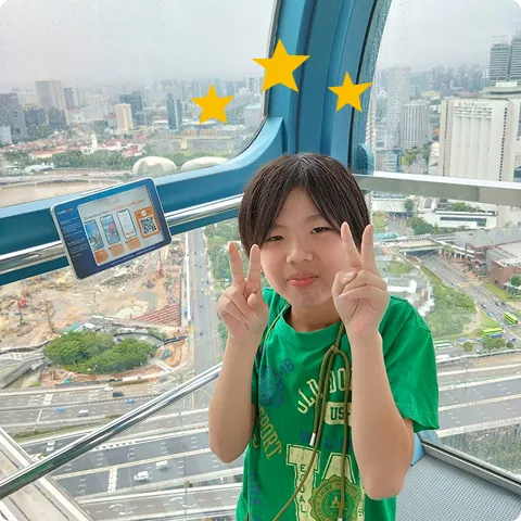 観覧車でピースしている井上さんの写真