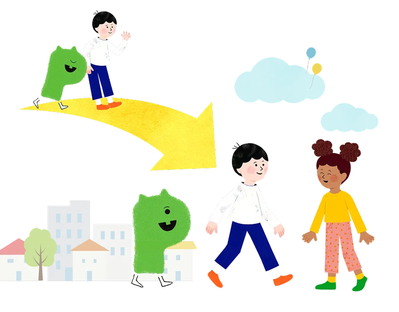 外国人の女の子と交流する男の子のイラスト